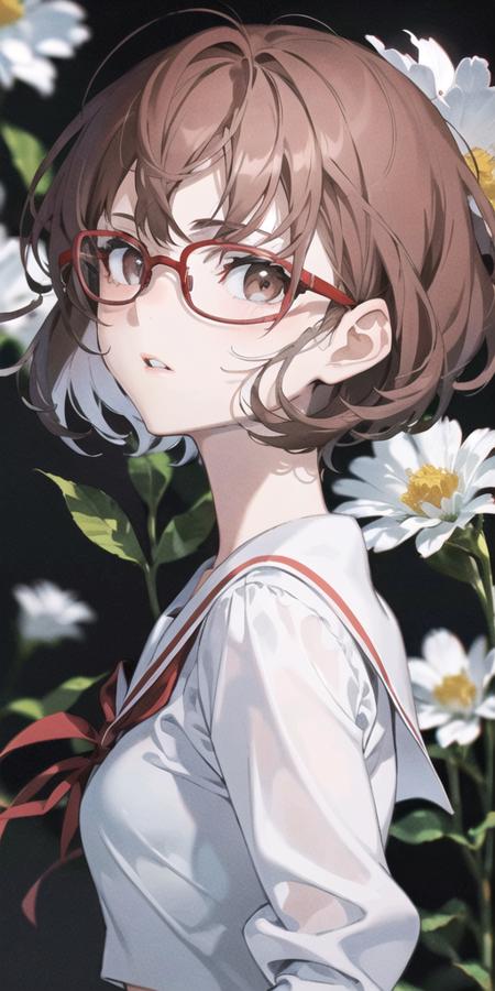 vvi\(artstyle\), 1girl, solo, red-framed eyewear, glasses, brown hair, short hair, flower, bob cut, looking at viewer, parted lips, black background, bangs, sailor collar, red ribbon, school uniform, long sleeves, brown eyes, simple background, portrait, ribbon, upper body, shirt, white flower, floating hair, multicolored hair, grey hair, white hair, <lora:Vivid_Impactful_Style_4g:0.7>