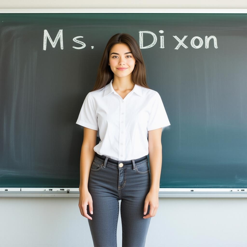 a 27 year old female teacher standing in front of a blackboard in a classroom, wearing a smart casual outfit, "Ms. Dixon"  written on the blackboard