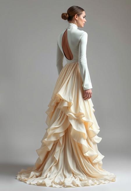 The image is a full-length portrait of a woman in a flowing cream dress. The dress features a high neck and long sleeves, with a large cutout on the back, and the fabric cascades down into a dramatic, floor-length train. The garment is crafted with waves and layers of fabric, creating a sense of movement and depth.