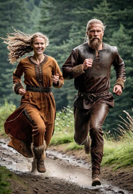 Imagine a dynamic scene depicting a man and a woman running (1:3), both in traditional Viking attire from the waist up wearing intricately designed tunics with rich, earthy colors, embellished with runes and symbols reflecting Viking culture. Their clothing exudes strength and history, adorned with fur or leather accents, and their hair styled in traditional Viking braids.
From the waist down, they sport modern running gear shorts designed for flexibility and movement, paired with lightweight, breathable running shoes that contrast sharply with their traditional upper garments. The clash of ancient and modern attire creates a striking visual.
The man and woman are shown running in profile, their bodies leaning slightly forward, conveying a sense of speed and determination. Beads of sweat glisten on their brows, highlighting their exertion and dedication to the race. Their expressions radiate focus and endurance as they charge ahead.
The background (2:3) is a neutral, white expanse, emphasizing the vibrant contrast between the ancient and contemporary elements of their attire. This stark backdrop accentuates the feeling of movement and the rush of athleticism, drawing attention to the figures and their contrasting clothing.
Overall, the image is detailed, capturing the essence of speed, athleticism, and the juxtaposition between Viking heritage and modern sports attire.