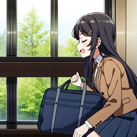 mai-san, sakurajima mai,  <lora:mai:0.7>, 1girl, solo, long hair, smile, open mouth, skirt, black hair, hair ornament, school uniform, jacket, closed eyes, pleated skirt, necktie, hairclip, bag, profile, red necktie, brown jacket, rabbit hair ornament, side view, full body