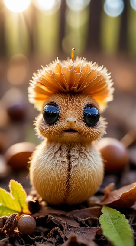 Soft acorn with eyes and tiny feet, sprouting on forest floor, macro view, straight, sunrise light.