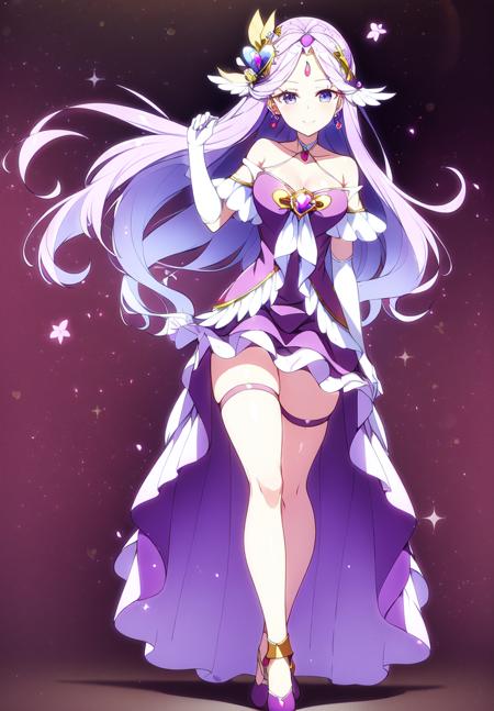 ((masterpiece, highres)),fullbody,
(1 Adult Women,cure earth), bare shoulders,  jewelry, smile, solo, thigh strap, thighlet,  dress, earrings, elbow gloves, floating hair, gloves, hair ornament, heart hair ornament, leg garter, off shoulder, off-shoulder dress, purple bow, purple choker, skirt, tiara, white gloves, wavy hair , purple dress, collarbone, leaf hair ornament,forehead,
<lora:cure earth_v2:0.6:ALL1>