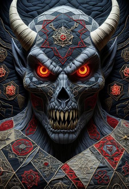 A towering demonic entity stitched together from cursed fabrics of forgotten civilizations, its form a shifting tapestry of embroidered hexes and ancient sigils. Its glowing eyes pierce through a face woven from a thousand tormented souls, their whispers sewn into the folds of its being. Every movement sends a ripple through its patchwork flesh, as if reality itself is struggling to contain its presence. With every breath, threads unravel and reassemble, birthing nightmarish creatures from the fabric of fear. Ultra-detailed, hyper-realistic, cinematic lighting, 8K, octane render, surreal patchwork demon, stitched cursed entity, dreamlike embroidered horror, intricate textile monster. ptchkrawk, aidmamj6.1