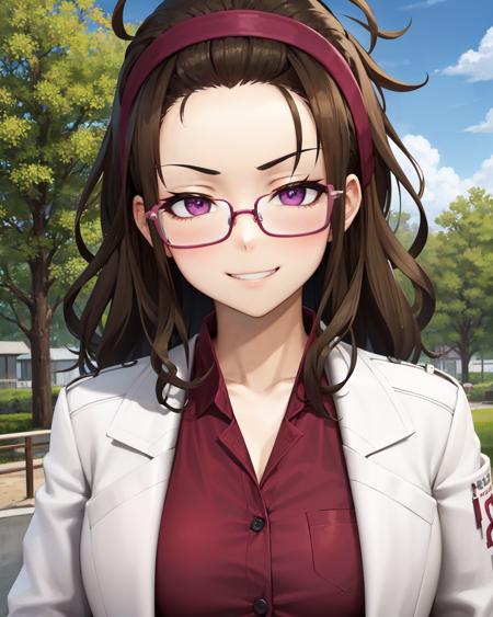 best quality, (masterpiece:1.2), illustration, absurdres,
(1girl), (solo), (beautiful detailed girl), ((upper body, portrait)),
<lora:Rosalie-07:0.7>, brown hair, long hair, messy hair, burgundy headband, forehead, purple eyes, medium breasts,
glasses, half-frame glasses,
labcoat, burgundy shirt, 
looking at viewer, (smug:1.1), grin,
park, sky, clouds, trees, outside japanese school,