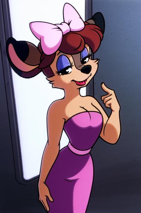 1girl, FawnDeerCzar,(furry, furry female, full body,standing), (deer nose, deer ears, deer tail, bangs, brown hair, makeup, half-closed_eyes, black eyes, lipstick), (pink dress, strapless dress, pink hair bow, blue eyeshadow, pink lipstick), (seductive), (masterpiece:1.2), hires, (detailed face:1.2), (detailed eyes:1.2), perfect skin, ultra-high resolution, 8K, high quality, (sharp focus:1.2), clean, crisp, cinematic, <lora:Fawn_Deer-30:0.75>