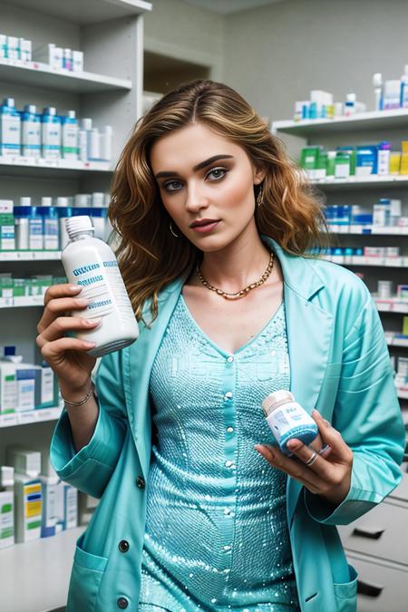 a professional photograph of beautiful (M36D0n:1.1) woman,as a pharmacist,wearing a (seafoam lab coat over her dress:1.2),(holding a large medicine bottle:1.3),standing in a pharmacy,with stocked shelves with medicine and drugs and supplies,a pharmacist's job involves handling prescriptions,distributing medication to customers,long hair,jewelry,lipstick,makeup and eyeshadow,magazine photoshoot,modelshoot style,sharp focus,detailed eyes,depth of field,(highly detailed),(HDR),(8k wallpaper),colorful,vivid color,intricately detailed,high contrast,highres,absurdres,hyper realistic,8K UHD DSLR,Fujifilm XT3,taken with (Canon EOS 1Ds camera),extremely intricate,dramatic,(looking at viewer),4k textures,elegant,(cinematic look),hyperdetailed,PA7_Portrait-MS,<lora:M36D0n_04A-000002:1.0>,