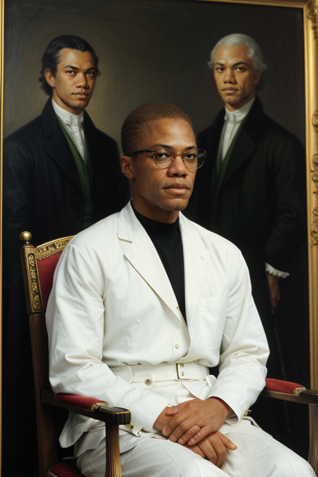 MalcolmX, photography by (David LaChappelle:1.3), seated on throne, King of France, modelshoot, pose, (closeup on upper body:1.3), Flemish masters, luxurious fabrics, silk, Versailles, French aristocracy, palace interior, 1782, large oil paintings on walls, portrait