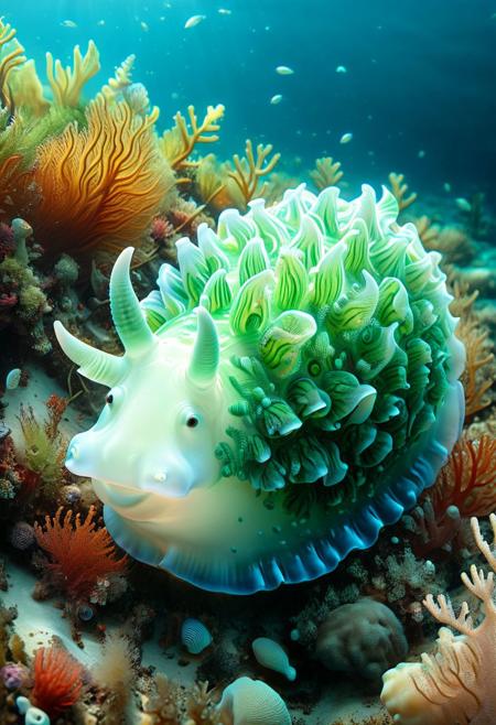 happy cow in the shape of a sea snail, tilted, glowing,translucent Subsurface Scattering ,at the bottom of the coral reef,aquatic vegetation,shells,underwater, 8k, leafsheep