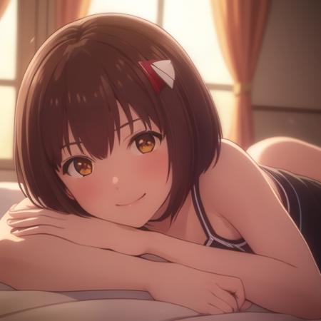 yuhi, masterpiece, (photorealistic:1.4), best quality, beautiful lighting,  RAW photo, 8k uhd, film grain, smile, 1girl, solo, brown hair, hair ornament, brown eyes,  anime coloring, looking at viewer, view from afar, underwear, bedroom set, lying on the bed <lora:Yuhi-000014:0.8>