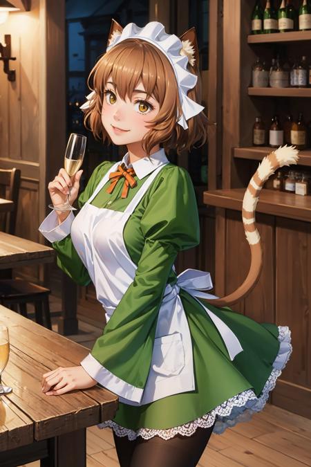 masterpiece, best quality, <lora:anyafromel-nvwls-v1-000009:0.9> anya fromel, maid headdress, cat ears, green dress, apron, cat tail, pantyhose, cowboy shot, holding champagne glass, tavern, smile, closed mouth