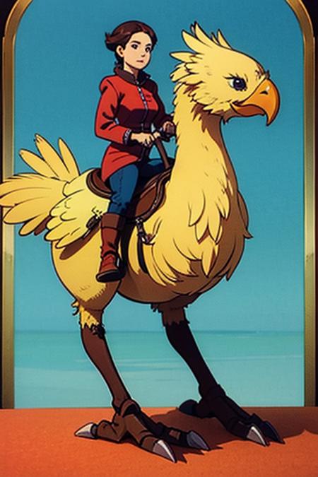 woman, riding, chicken, chocobo, bird <lyco:Chocobo_Lycoris_B:0.8> standing