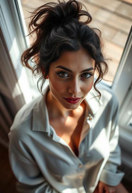 The image is a high-resolution photograph featuring a milf sitting with her back against a bright window. rays of light enter through the window. the photo is taken from above,looking down at her. She is a woman with a light skin tone who is proud of her body. She is pulling on her nipples. Button nose, full lips. Her long, slightly curly dark hair is styled into a messy ponytail on top of her head, with a few loose strands framing her face. She has striking hazel eyes with winged eyeliner, and has freckles over her nose. she is blushing, natural makeup look.oversized shirt, perky breasts.
