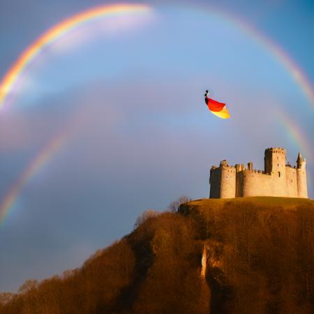 (rainbowfusion style:1) a man standing on top of a mountain with a castle in the background <lora:djzRainbowFusionV21_LoraBooth:1>