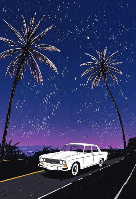 ScribbleRay, black and white, doodle, messy, hard lines, (scribble:1.5), sketch, Drawing, masterpiece, best quality, very aesthetic, absurdres, detailed background, magnificent view, retro car, traffic on coast road highway, palm tree, vaporwave colors, twilight, starry sky,