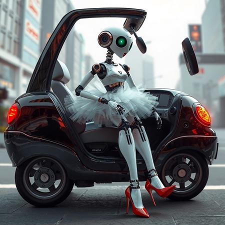 ai robot in tutu and high heels in a robo cab, red lips,