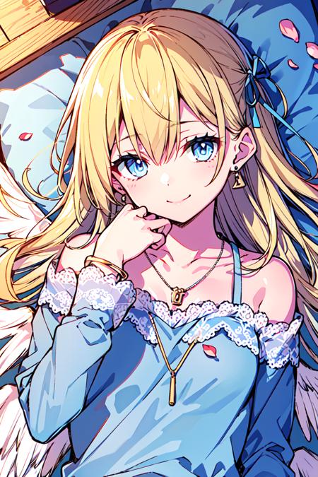 <lora:Toosaka Asagi:0.8>1girl, solo, blonde hair, blue eyes, on back, long hair, lying, looking at viewer, jewelry, petals, wings, smile, ribbon, angel wings, upper body, feathered wings, lace trim, bangs, lace, bed sheet, bracelet, collarbone, closed mouth, necklace, long sleeves