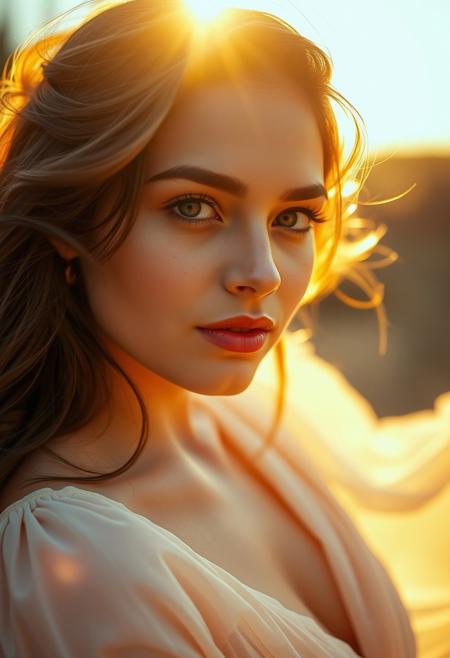 Create a dreamy portrait during sunset using a Nikon Z7 II and 85mm f/1.4 lens. Utilize natural backlighting to halo the subject’s hair, paired with a gold reflector to bounce warm light onto the face. Set aperture to f/2.2 for creamy bokeh, ISO 200, and 1/250s shutter. Capture golden-hour hues with a prism filter for soft flares. Emphasize dewy skin and flowing fabrics in muted earth tones. Post-process with warm gradients and slight vignetting to enhance the ethereal mood.