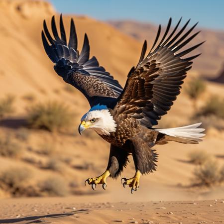 Majestic desert eagle, mid-flight, expansive blue sky, sunlit feathers, sharp talons, focused eyes, dynamic motion, desert landscape below, crisp details, natural lighting, Kodak film realism, 8K UHD precision.