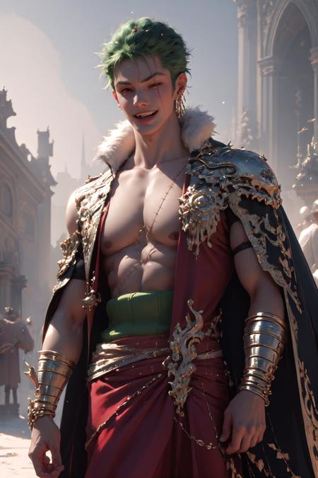 <lora:wrenchftmfshn:1>, wrenchftmfshn, fantasy clothing, jewelry, light smile, <lora:onepiece_zoro:1>, roronoa zoro, muscular male, scar, scar across eye, fur trim, cape, hair ornament, (loincloth:1.1), red dress, <lora:wlpstyl-000009:1>, wlpstyl,