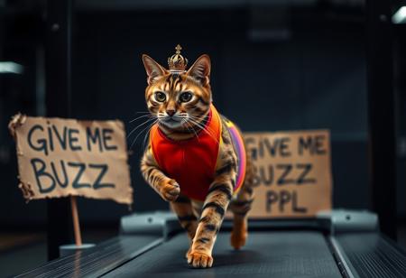 “A majestic Bengal cat with a small, slightly tilted golden crown, wearing a sleek gymnast suit in vibrant colors, running on a treadmill. Beside the treadmill is a worn, rotten cardboard sign that reads ‘GIVE ME BUZZ PPL’ in crude, hand-drawn letters. The scene is captured with a Panavision 105mm lens, emphasizing high resolution and cinematic details. The gym background is softly blurred, with rich lighting and deep shadows accentuating the cat’s fur texture, the worn look of the cardboard sign, and the vivid colors of the suit. The overall mood is a blend of regality and humor, captured in realistic, high-contrast lighting and deep, cinematic colors.”