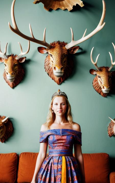 Close up portrait of 27 yo Austrian Royal woman in ceremonial European dress, standing inside glass living room of modern glass house (antlers and animal heads on walls) located in the African savanna, ouside is vibrant colorful sunset, National Geographic style featuring photographer Annie Leibovitz  <lora:add_brightness:.75> <lora:DepthOfFieldSliders:-.5>