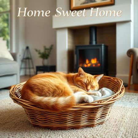 a large ginger cat lies asleep, curled up in his basket, in a comfortable modern sitting room, next to a cosy fireplace. At the top of the picture a line of text "Home Sweet Home"