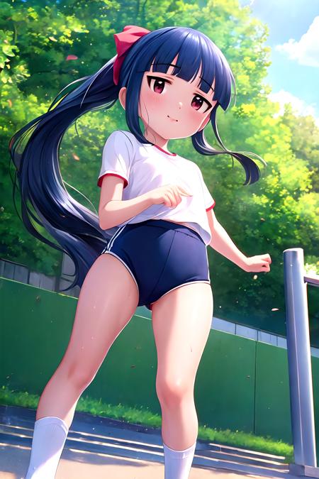 16k, highres, masterpiece, best quality, 
cinematic photo, 
a pinup of short girl, running on the schoolyard,  in the daytime,  (serious:1.2), smile, sweat, detailed background, from below, (looking ahead:1.2), 
BREAK
yukimi, 10yo.,long hair, ponytail, blunt bangs, flat chest, expressionless, 
gym uniform, (buruma:1.3), plain white shirt, hair bow, socks,
 <lora:sajo_yukimi-v1:1>,
35mm photograph, film, bokeh, professional, 4k, highly detailed,