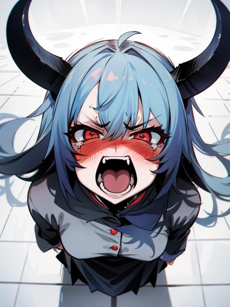 <lora:asanagi-12:1>from above, looking up, looking at viewer, pov, angry, anger vein, tears, clenched hands, open mouth, fang, horns, masterpiece, best quality