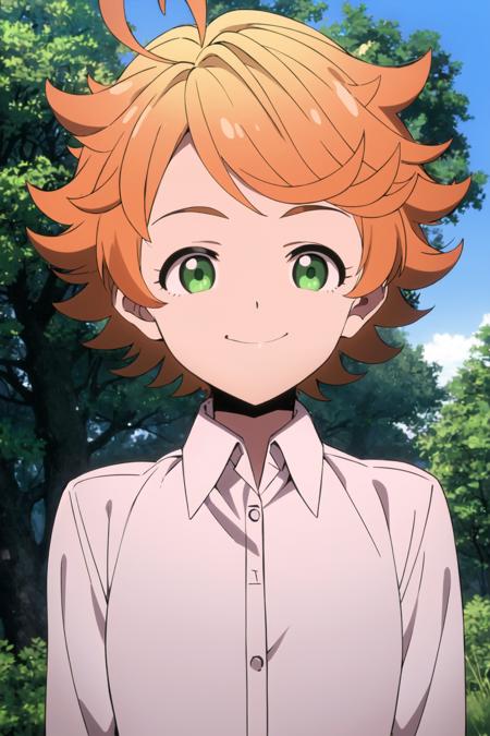 emma, neverland, 1girl, solo, upper body, nature, forest, bush, tree, looking at viewer, smiling, short hair, shirt, long sleeves, green eyes, white shirt, upper body, ahoge, outdoors, collared shirt, orange hair, <lora:Emma:0.7>