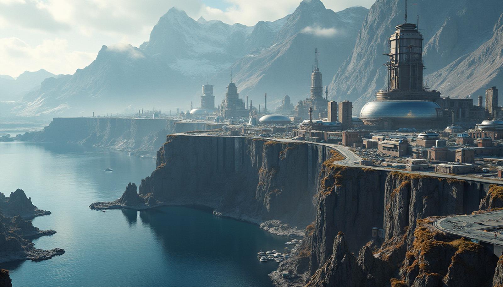 A high-definition photograph of a futuristic cityscape in a fjord in Greenland, cityscape along the cliffs, pipes and construction details, large port, bunkers, spaceport, Greenland, summer, (mountains:1.15), skyscrapers, signages, various styles of buildings, zoomed out, in style of event horizon, sci-fi aesthetic, deep colors, inspired by Outland