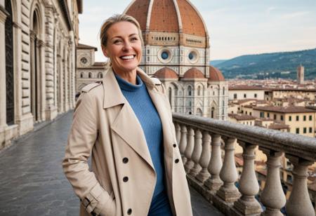 A single, hyper-detailed, ultra-high-resolution (8K) portrait of a 40-year-old woman with sleek blonde hair tied back. Real Face, natural teeth, no plastic face, subtle wrinkles,natural warm  skin texture, Her striking blue eyes, natural laugh lines, and subtle wrinkles convey a grounded, elegant charm. She wears a tailored beige trench coat layered over a soft cream sweater and fitted jeans. She stands confidently alone near a classic stone balustrade in Florence, with the majestic dome and intricate marble façade of the Duomo (Santa Maria del Fiore) rising behind her, bathed in warm, late afternoon Tuscan light. The image is composed with a shallow depth of field, focusing on her expression and presence while gently blending the iconic Renaissance architecture in the background.