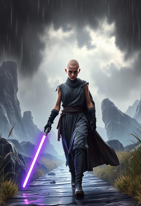 a centered below shot high detailed digital art illustration of a jedi knight in a walking pose holding with 2 purple light-sabers, wearing grey ripped dirty jedi tunic dripping with no sleeves and bare-arms,  looking at viewer with angry face, bald young girl, black gloves. volumetric light from above, rim lighting,
the background is a foreign planet with giant rocks,
high grass in the wind, rain, storm, rainy day with dark clouds