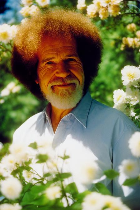 lomo style portrait of bob ross standing in a bush, flowers blooming