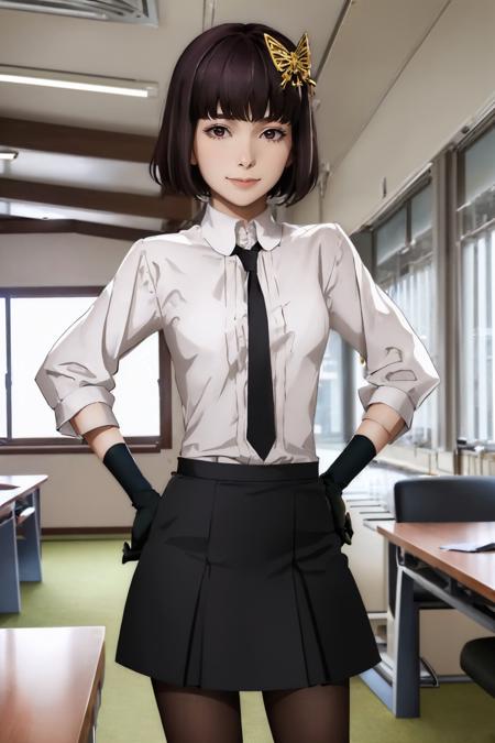 (masterpiece, best quality:1.2), solo, 1girl, yosano akiko, smile, looking at viewer, hand on hip, butterfly hair ornament, white shirt, black necktie, black gloves, black skirt, pantyhose, office <lora:bsd_yosano_v11:1.0>