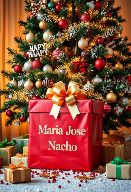 a professional slr leika photograph - A vibrant, festive Christmas scene featuring a beautifully decorated Christmas tree, adorned with shimmering tinsel, colorful ornaments, and glowing fairy lights. Beneath the tree, surrounded by a sprinkle of presents, stands a large, bold box as the centerpiece. The box is wrapped in glossy red and green paper with an oversized golden bow, prominently labeled in bold, glittering text: 'Maria Jose  Nacho.' The room is softly lit with the warm glow of the tree lights, creating a cozy holiday atmosphere.