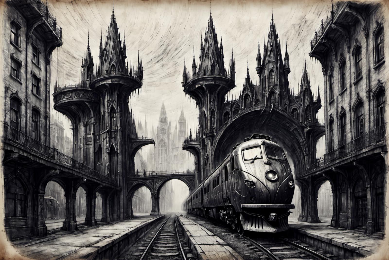 An artistic drawing of a train passing under a bridge, surrounded by a dark and mysterious atmosphere.