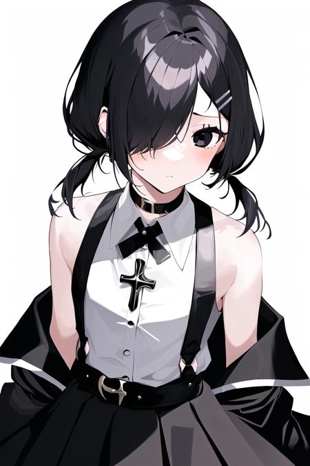 (incredibly_absurdres:1.5),1girl, (black eyes:1.2//),black hair,short hair,high twintails,(++small breasts),expressionless,++beltskirt,(crossed bangs:1.2),upper body,hair over one eye,Cross hair clip in bangs,long locks,Long eyelashes,