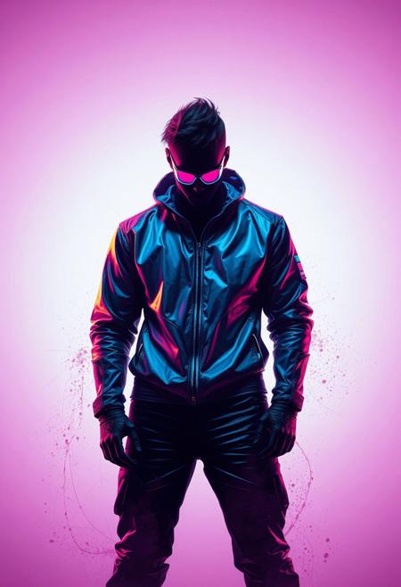 robert t techno style , Background: Clean, soft neon gradient with faint shadows and smudges, creating a stark contrast that emphasizes the character’s metallic textures and vibrant silhouette.