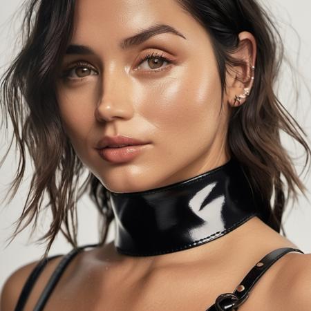 Portrait photo of a woman with wet-looking lips wearing a tight thin leather choker and lip-gloss, Nikon Z9, realistic matte skin, skin texture visible, (sharp focus), (high quality)