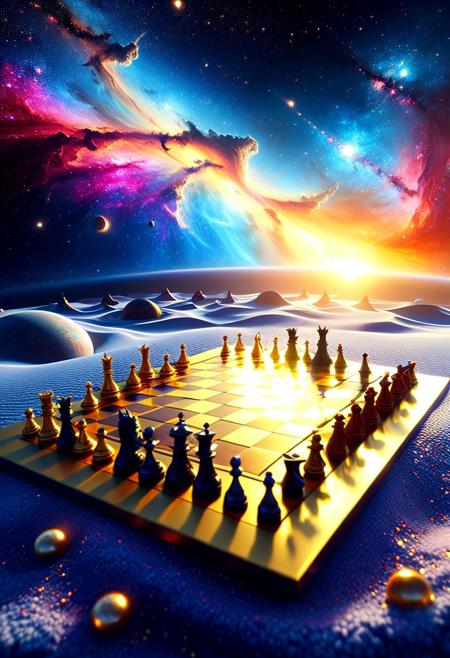sandswirl, swirling sand, 
In the boundless reaches of the Celestial Realm, adrift amidst the infinite sea of stars, there exists a board of unfathomable size—a Cosmic Chess set, wrought by the hands of divine artisans eons past. Its surface spans entire solar systems, each square a miniature galaxy unto itself.
Here gather the Primordial Players, beings of pure energy given corporeal form by the sheer weight of their existence. Albus, Lord of Light, resplendent in robes woven from stellar plasma; Obsidia, Queen of Darkness, cloaked in shadow-stuff darker than the void between worlds.
With movements measured and deliberate, they wage war upon this grand stage. Galaxies collide and fragment, birthing new wonders with each passing turn. Nebulae blossom into being, painting the tapestry of spacetime with hues undreamt-of by mortal minds.
3d-rendering, concept-art, digital, dreaminess, futuristic, multimedia, virtual-reality, 
eeriness, fantasy, other-worldliness, science-fiction, surreal, 
colorful, sci-fi style, technological, alien worlds, space themes, advanced civilizations, 
best quality, masterpiece, aesthetic, intricate details, highly detailed, ultra-detailed, absurdres, unreal engine, octane rendering, high contrast, vivid, vibrant, volumetric lighting, sharp focus,