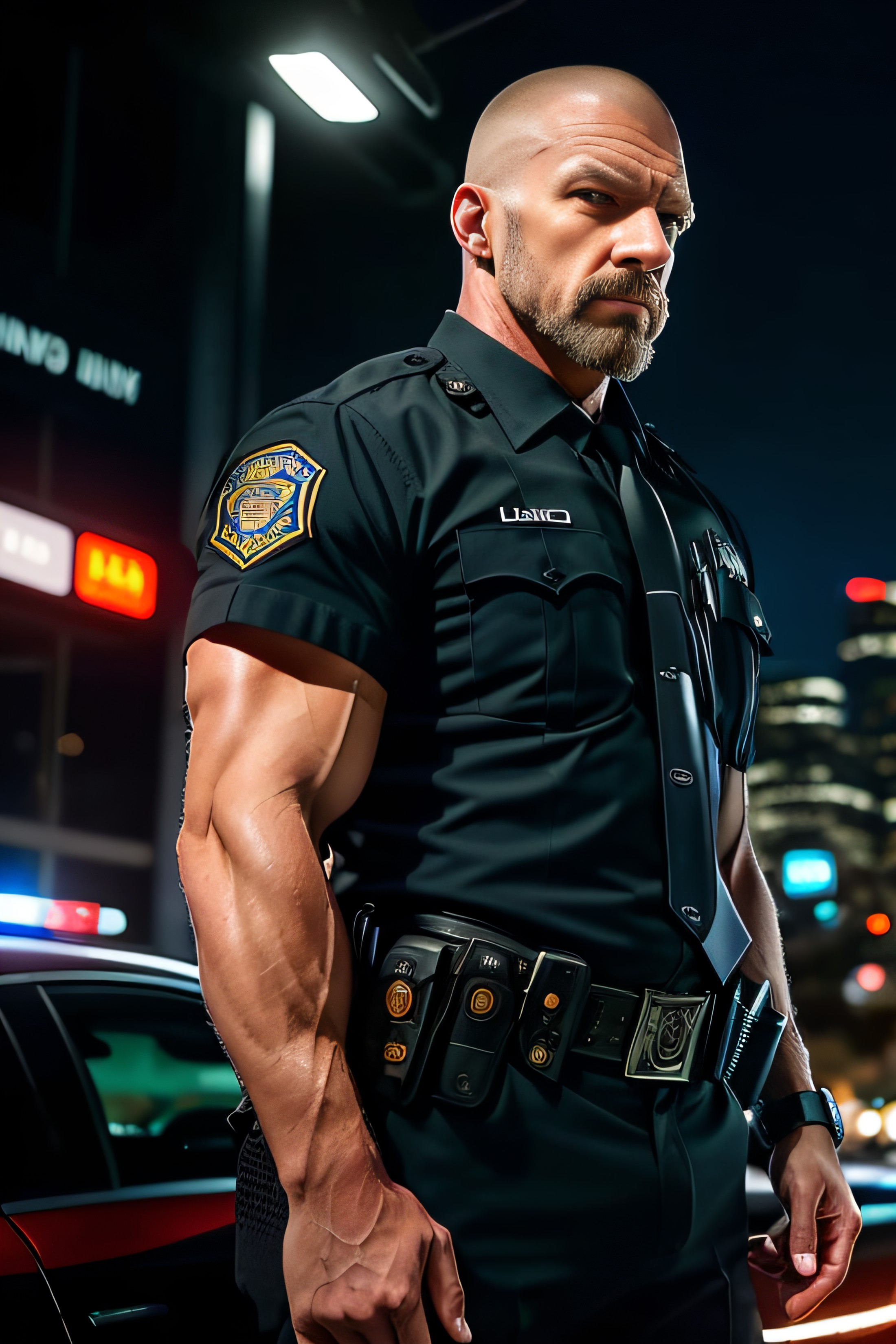 photo of (HHHBAL01:0.99), a man in his (fifties:1.2) as a policeman, modelshoot style, ((shaved head:1.2)), (full beard:1....