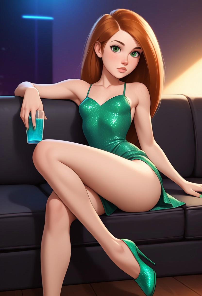 score_9, score_8_up, score_7_up,
1girl, 18yo Kim Possible, cute perfect face, red hair, long hair, green eyes, freckles, 	big round eyes, small breasts, perfect round breasts, perky breasts, 
looking at viewer, sitting on a couch, Green glitter dress, nightclub, ambient lighting, drinks