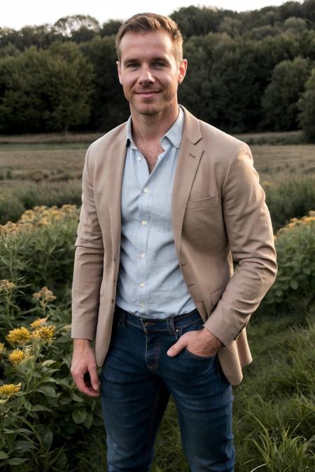 (full length shot) photo of matthew_bosch standing on a farm <lora:matthew_bosch-07:0.75>, wearing well-fitted smart casual clothes, wearing earth-toned , (unbuttoned) crisp white shirt, blazer, dark denim jeans, stylish sturdy boots, respectful and grounded mood, soft early morning light, warm glow of dawn, (sharp focus), (soft lighting), vibrant colors