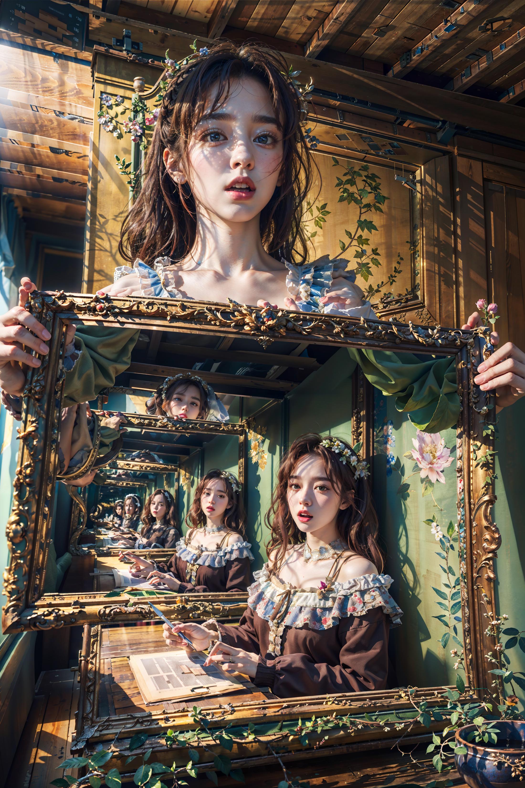 A girl holding a mirror with multiple reflections of herself, showcasing her brown hair and brown dress.