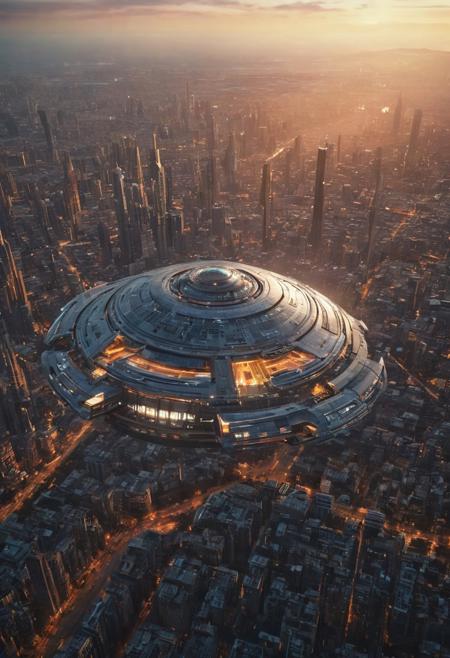 Large spaceship hovering over a futuristic city, science fiction, dramatic angle, complex buildings, atmospheric, sunset,
Highly detailed 8k cinematic photorealistic render, dramatic lighting,  cinematic