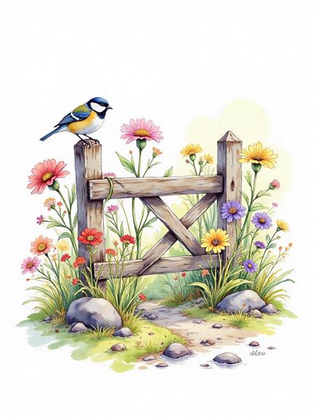 C_Watercolor Pastoral Style_Creation Of Fences With Birds And Flowers v1.0