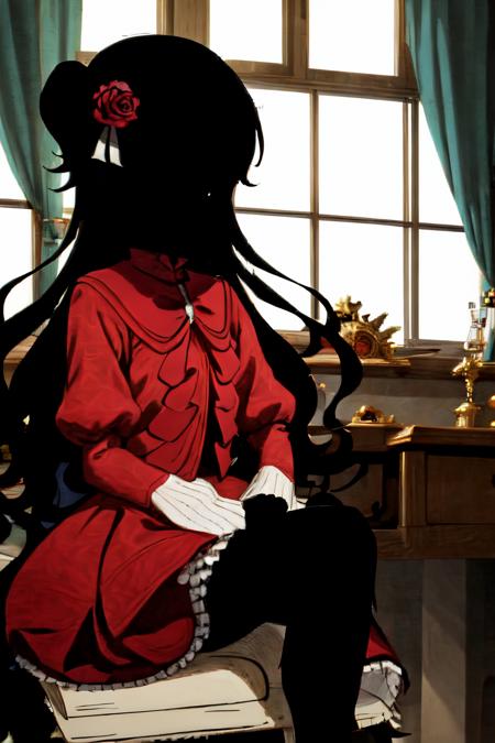 1girl, (masterpiece:1.3), high quality, high detailed, (solo), frilled dress, hair ribbon, (black skin:1.3), hair flower, black hair, long hair, red dress, kate, red sleeves, <lora:kate-09:1>, indoors, (black face:1.3), room, sitting, crossed legs, <lora:23-3-14-jianying1.1:0.7>, looking at viewer,