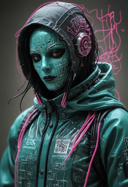 mechanical parts, wires, cables, cyberpunk, closeup portrait of made of tiny neon glass filaments, with a masked face, pastel teal/black colored, assassinkahb style, closeup photo of an wired-cyborg assassin with robot face wearing a pink high collar hooded parka with technical macro writing resembling an qr-code//bar-code on the back, solo, woman, high collar parka, upper body,, female focus, black long hair in wind, weapon, clothes writing,  flag