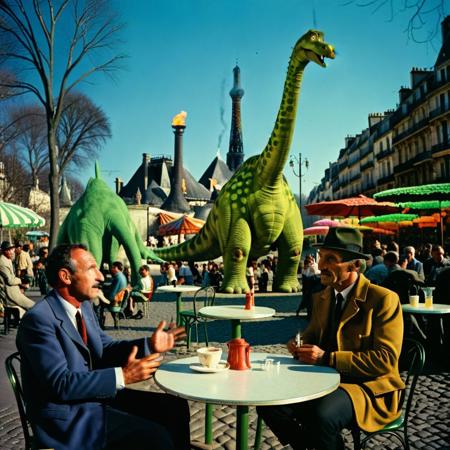 An award winning cibachrome photograph, of Two gentlemen at an outdoor cafe in Paris after the first LSD bombs dropped on the city, a brontosaurus walking in the background, Leica M3, Kodachrome, 50mm lens, dramatic psychedelic cinematic lighting, cinematic still, stereoscopic 3d, 
badquality, low quality, UnrealisticDream